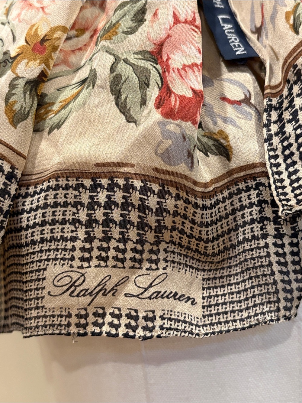 Vintage Ralph Lauren Houndstooth Glen Plaid Floral Long Silk Scarf Shawl - Picture 5 of 13